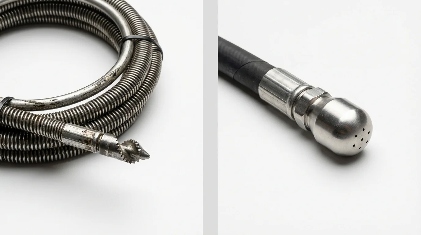 Drain snake cable and hydro jetting nozzle used for drain cleaning in Burlington, NJ