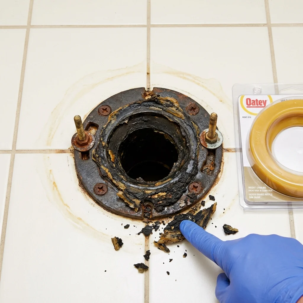Failed wax ring showing water seepage at the base of a toilet in a Burlington, NJ home