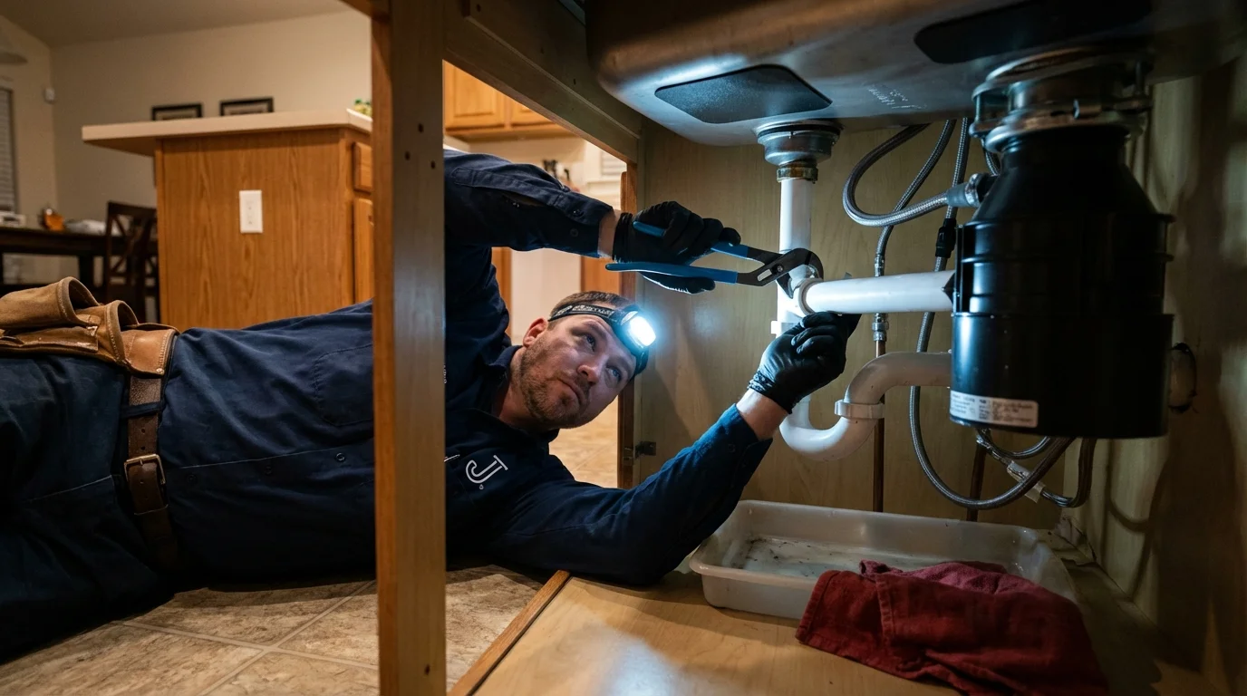 P-trap and supply line connections under a kitchen sink showing a common leak point in Burlington, NJ